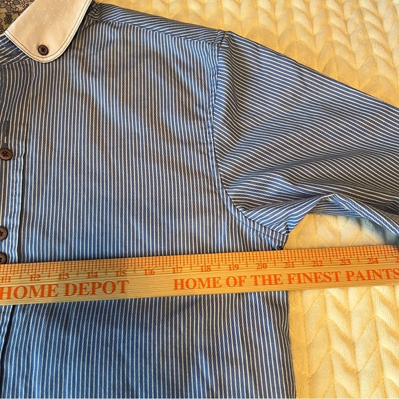 John Lennon Blue Striped Button-Up Men M Shirt White Collar Floral Embroidered - Picture 10 of 13